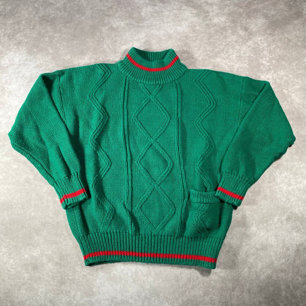 90’s French Navy Ramie Cotton Green And Red Knit Sweater